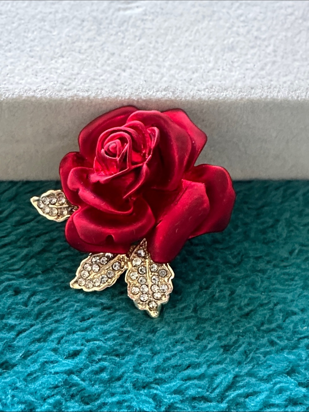 Radiant Red Rose Brooch with Gold Leaf Accents